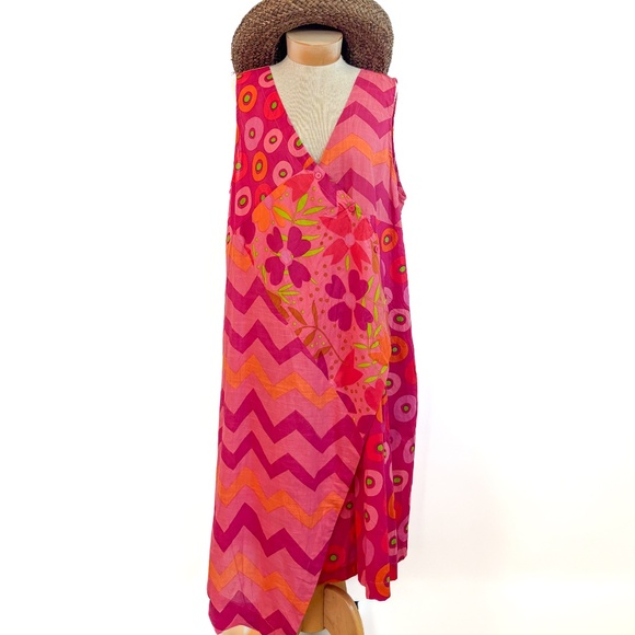 Gudrun Sjoden Wrap Dress Pink Orange Mix Print Patchwork XL Hanky Hem Lagenlook - Picture 1 of 15